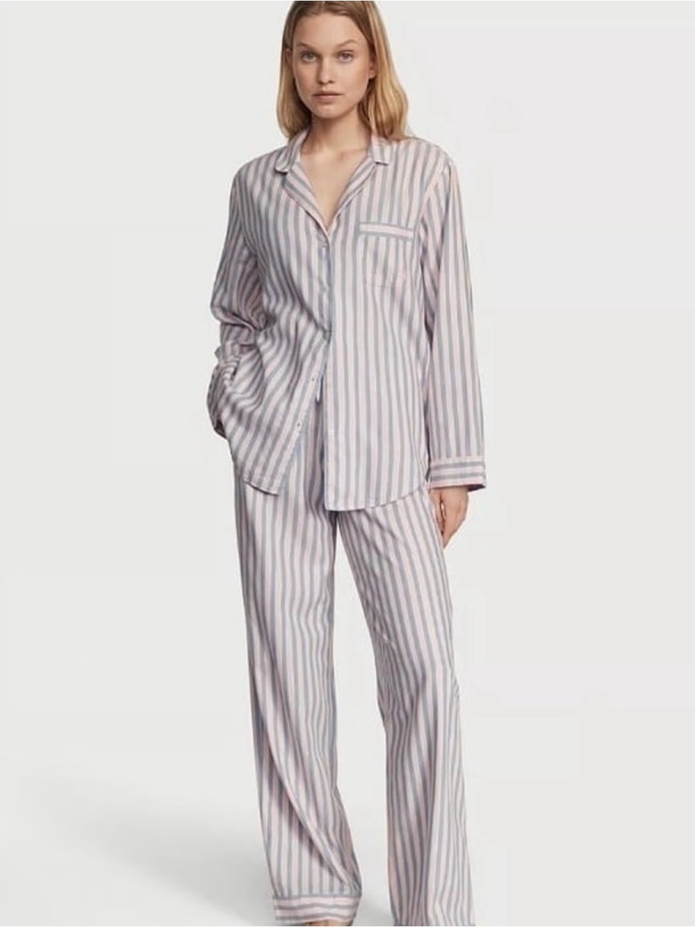 Victoria's Secret Pink & White Striped Button Pajama Set
